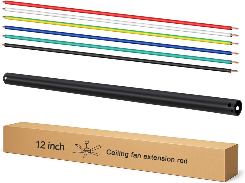 Feylan 12 Inch Ceiling Fan Downrod with UL Wires, Matte Black, 1-Inch Diameter, Unthreaded - Image 1